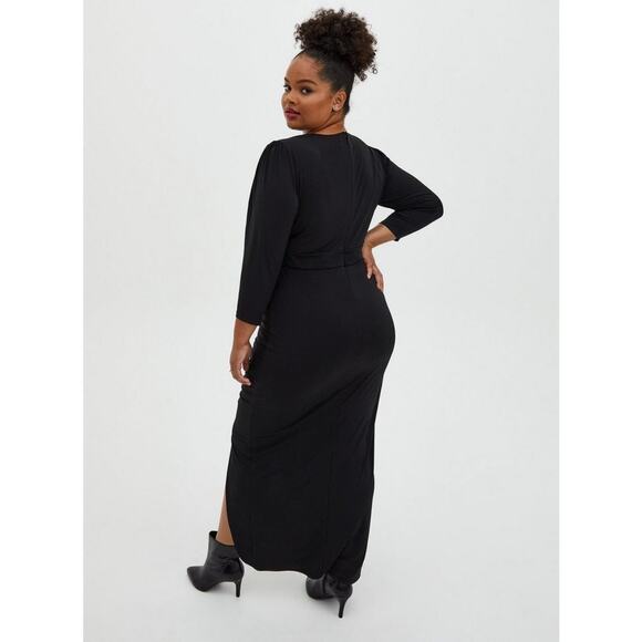 Torrid Studio Knit Hi-Low Maxi Dress Ruched Surplice Neck 3/4 Sleeve Black Sz 20 - Picture 2 of 15